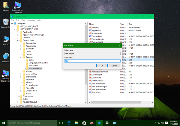 Windows 10 menüükõrguse register