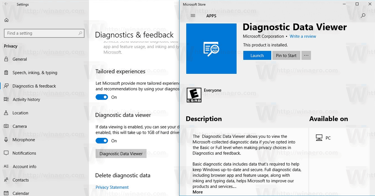 Diagnostic Data Viewer näyttää Microsoftille lähetetyt tapahtumatiedot