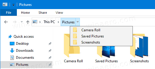Навигационни бутони на Windows 10 File Explorer Breadcrumbs
