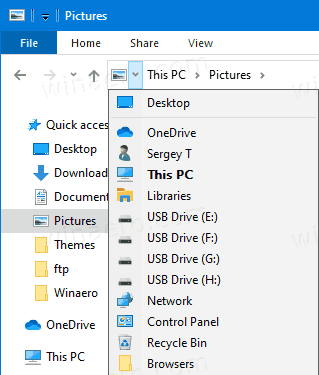 Windows 10 Průzkumník souborů Drobečková navigace Tlačítka 2
