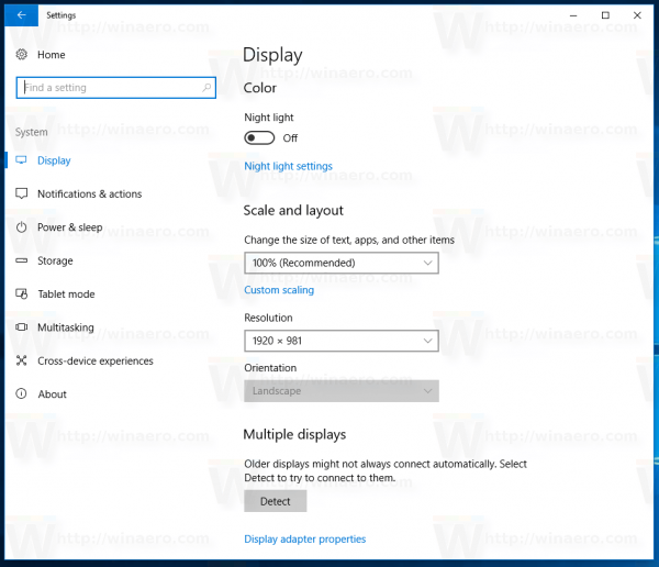 Pahina ng Mga Setting ng Liwanag ng Gabi Sa Windows 10