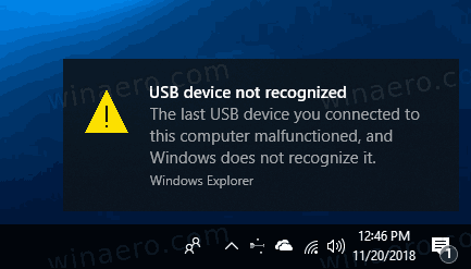 ตัวอย่างการแจ้งเตือนข้อผิดพลาดของ Windows 10 Usb