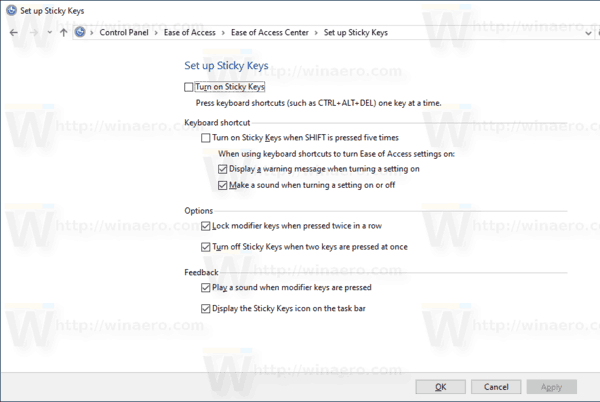 Windows 10 Přizpůsobte lepicí klávesy v Ovládacích panelech