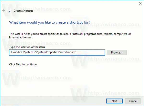 Créer un raccourci de protection du système dans Windows 10