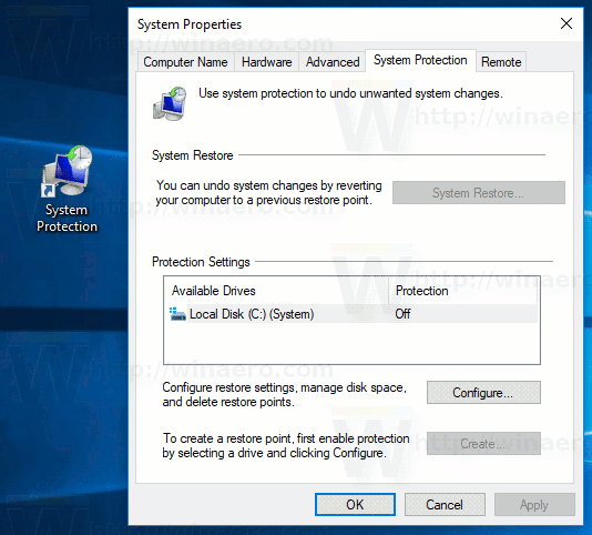 Ярлык защиты системы в Windows 10