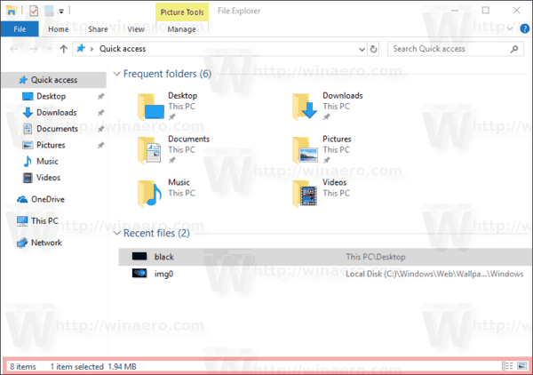 Windows 10 Statuslinje i Utforsker