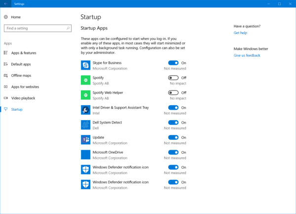 „Windows 10“ paleisties nustatymų puslapis