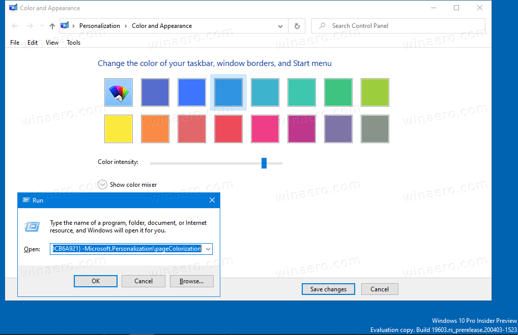 مربع حوار اللون والمظهر الكلاسيكيين في نظام التشغيل Windows 10