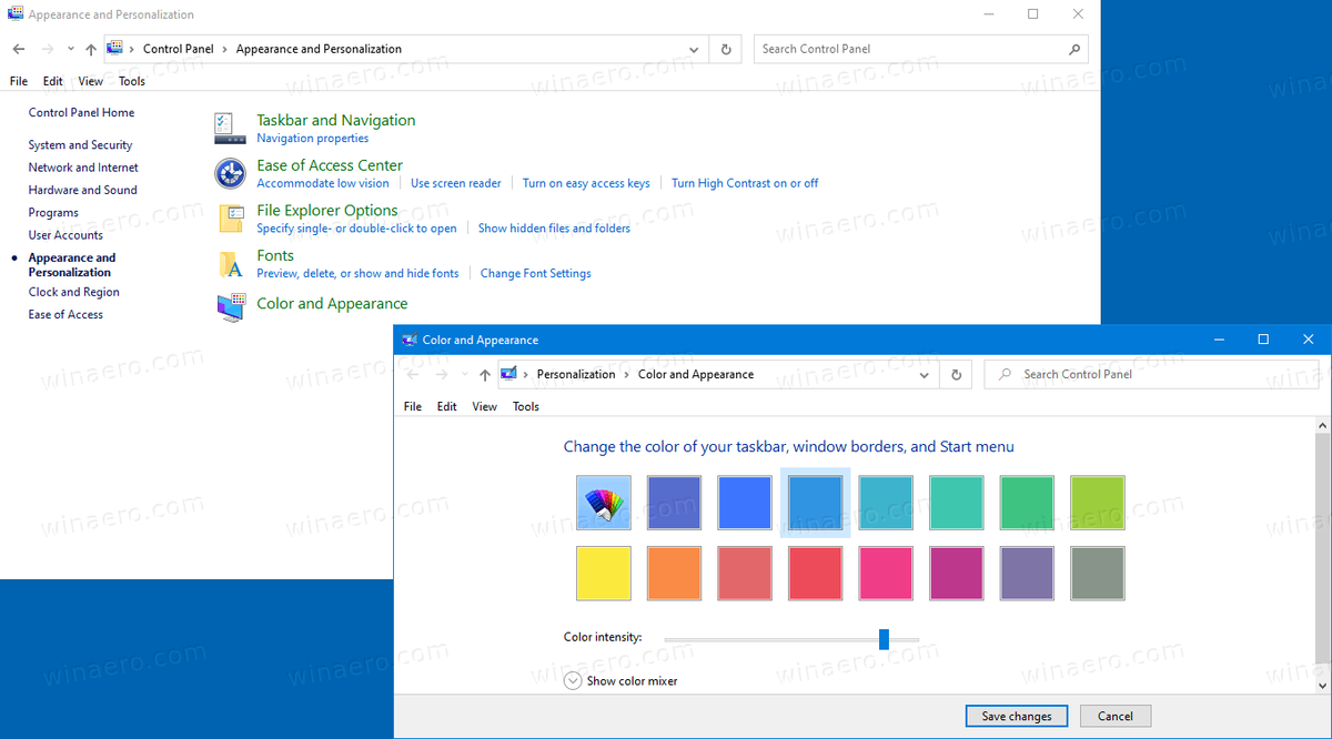 Legg til farge og utseende i kontrollpanelet i Windows 10