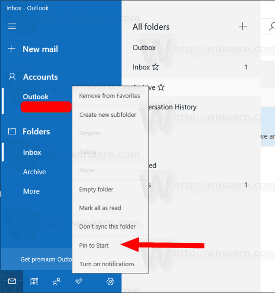 Изменение размера закрепленной учетной записи Windows 10 Mail