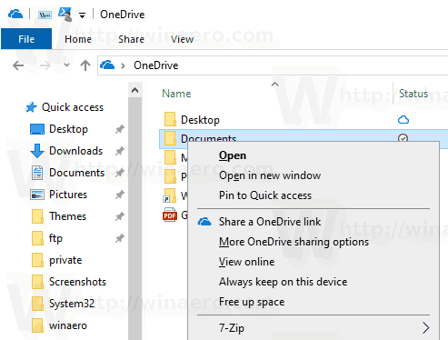 Commandes supplémentaires Onedrive de Windows 10