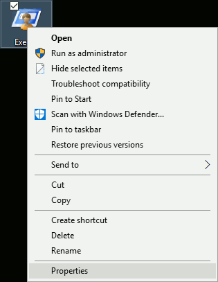 Windows 10 Exe -tiedoston pikavalikko