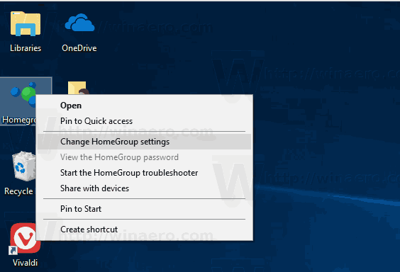Windows10ホームグループのコンテキストメニュー