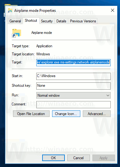 Icône de changement de raccourci du mode avion Windows 10