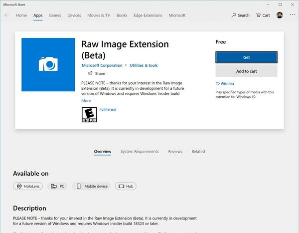 Kodek formatu obrazu Raw Microsoft Store