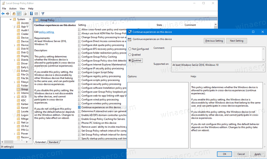 Jaetut kokemukset poistettu käytöstä Windows 10 -asetuksissa