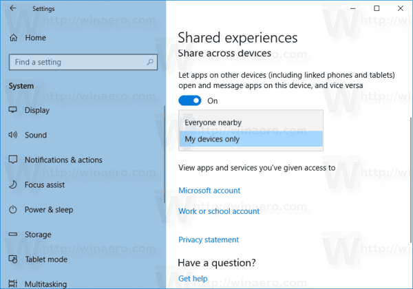 Windows 10 Configurer les expériences partagées