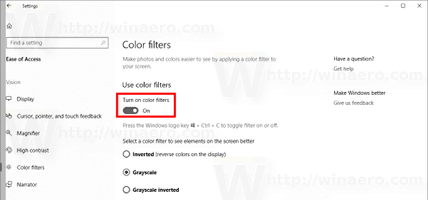 Tweak de registre de filtre de couleur Windows 10