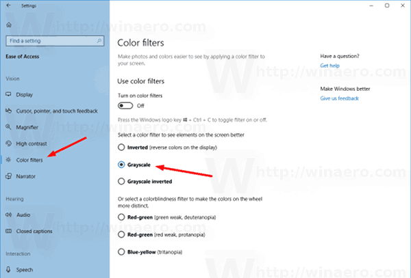 Filtres couleur Windows 10