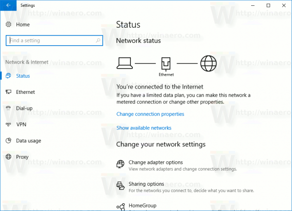Stránka stavu sítě Windows 10