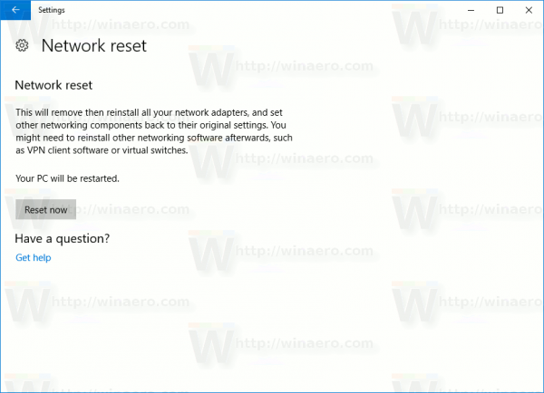 Windows 10 Network Reset Now-knapp