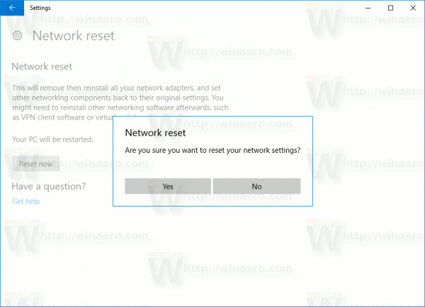 Confirmació de restabliment de xarxa de Windows 10