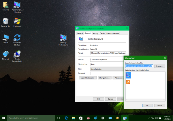 A Windows 10 asztali háttér parancsikonja működésben