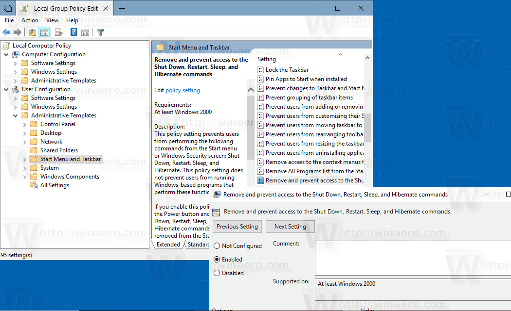 모든 사용자에 대해 Windows 10에서 종료, 다시 시작, 절전 및 최대 절전 모드 비활성화