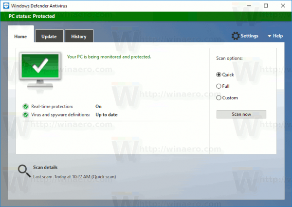 ממשק המשתמש של Windows Defender