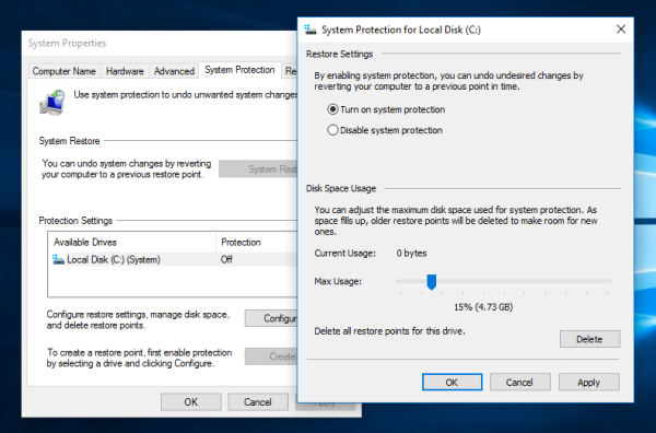 systembeskyttelse opprette nytt punkt 03 Windows 10