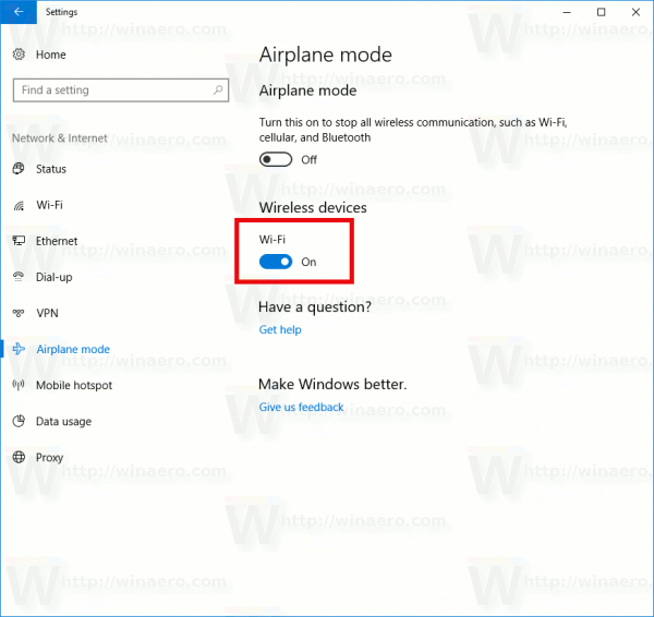 Windows 10 Απενεργοποιήστε το Wi-Fi σε λειτουργία πτήσης