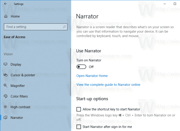Strona Narratora dotycząca systemu Windows 10 1903