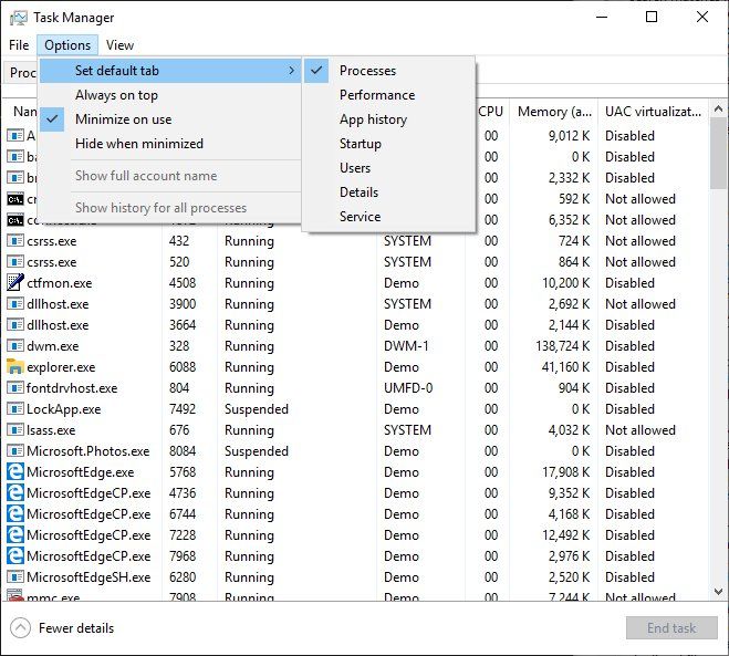 Windows 10 uzdevumu pārvaldnieks Atlasiet cilni Noklusējums