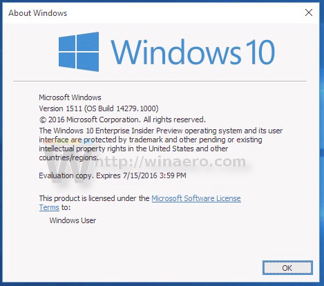 Windows 10 kompilacja 14279 Winver