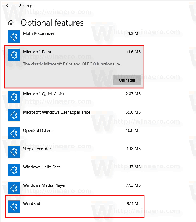 Microsoft 그림판 워드 패드 선택적 기능
