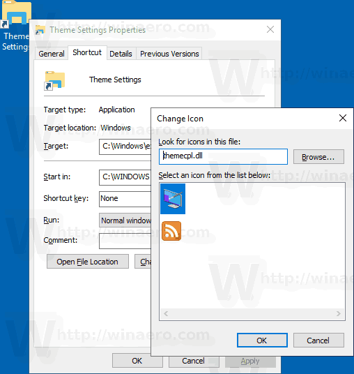 Verknüpfung zu Windows 10-Themeneinstellungen in Aktion