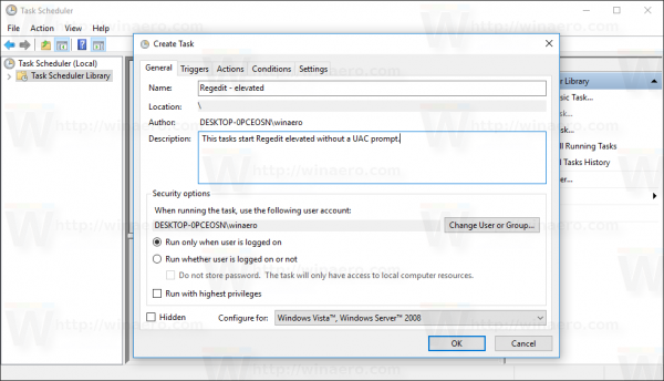 Finestra di dialogo Crea attività di Windows 10 nuova finestra di dialogo di azione