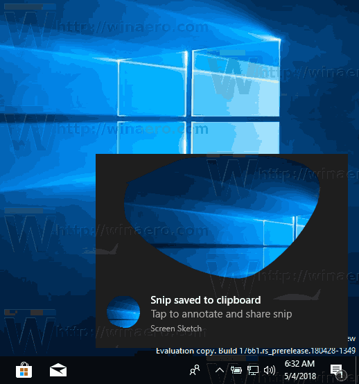 Ειδοποίηση αποκοπής οθόνης των Windows 10