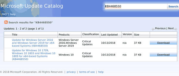 Catalogue de mise à jour Windows KB4468550