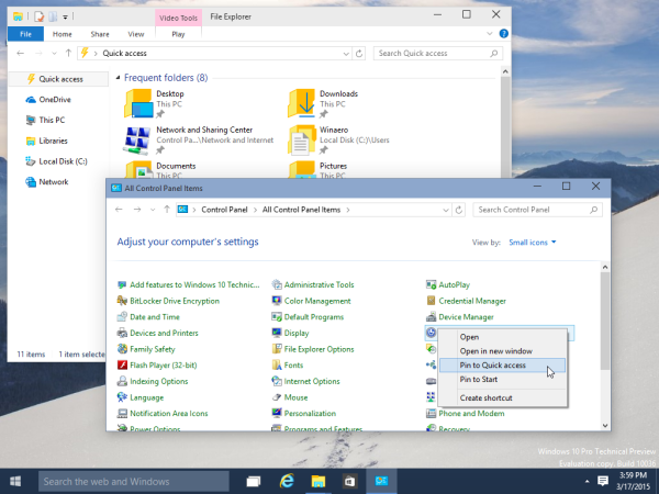 przypnij element panelu sterowania szybki dostęp do systemu Windows 10