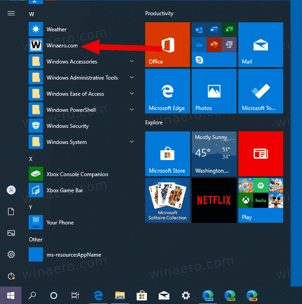Stránka Windows 10 Internet Explorer přidána do nabídky Start v části Aplikace