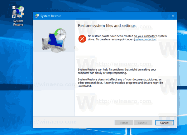 IU de restauració del sistema al Windows 10