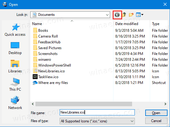 Bouton de retour de la boîte de dialogue commune Windows 10