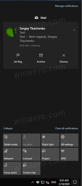 Windows 10 uue meiliteatise tegevuskeskus