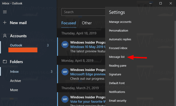 Windows 10 Mail Customized Swipe Actions