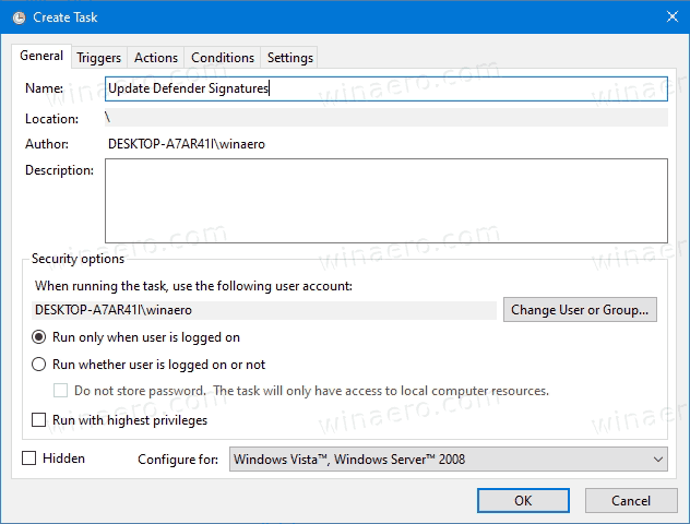 Windows 10 Luo Tehtävä-ikkuna Ehdot-välilehti