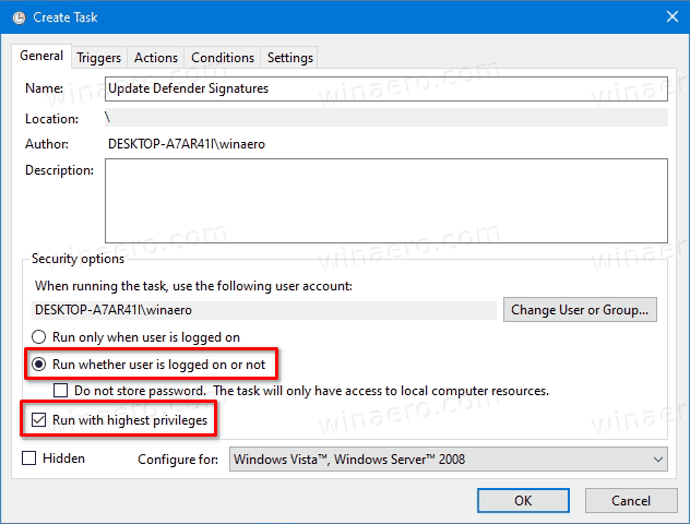 Windows 10 Vytvořit okno úlohy Podmínky nezaškrtnuté