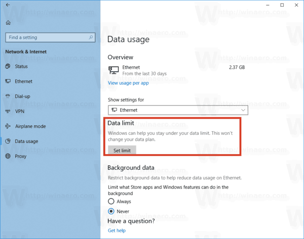 Windows 10 Redigeeri võrguandmete kasutamise piirangut