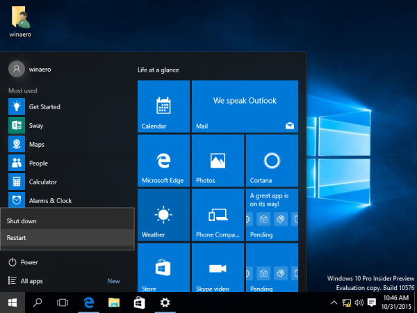 Menu zasilania dla systemu Windows 10 build 10576