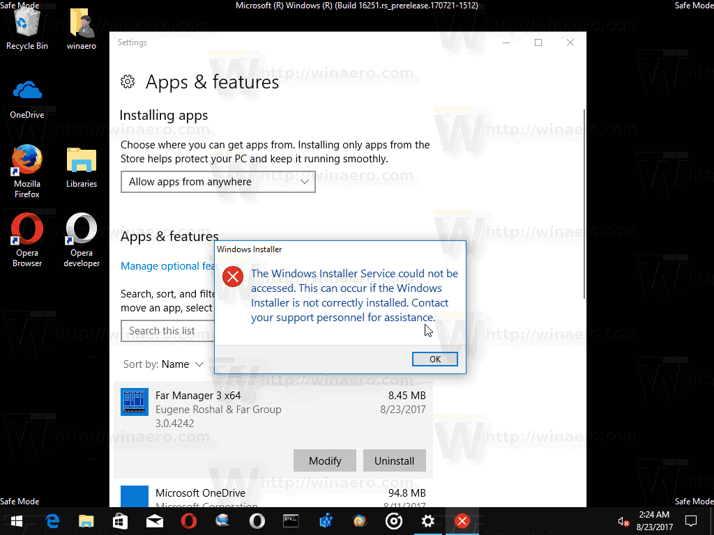 Windows Installerin vikasietotila-viesti